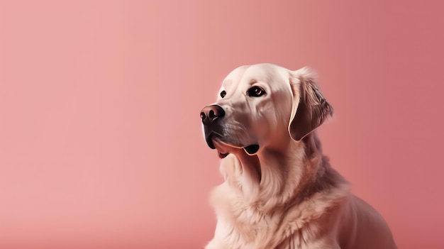 A golden retriever dog sits in front of a pink background