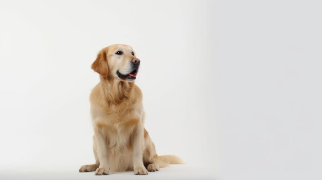 A golden retriever dog sits in front of a white background.