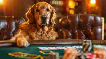 Photo a golden retriever dog sits at a poker table looking at the cards in front of him he is wearing a red collar and there are poker chips on the table