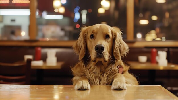 A golden retriever dog sits at a table in a restaurant looking up at the camera with a hopeful expression on its face