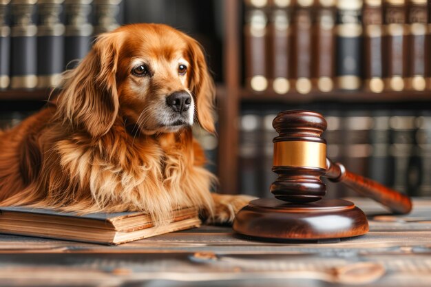 Photo golden retriever dog sitting beside gavel and law books in library representing animal law pets