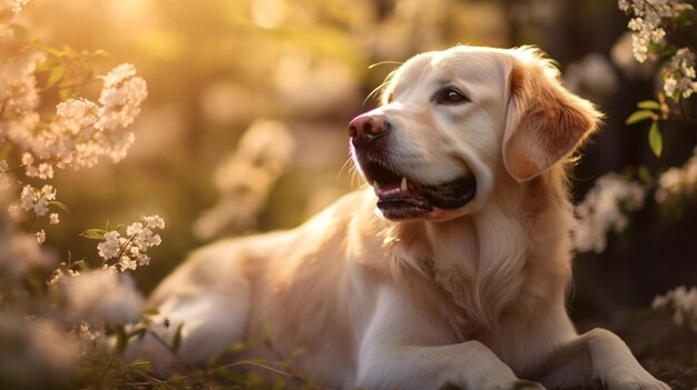 Golden retriever dog sitting bokeh flowers garden picture AI Generated art