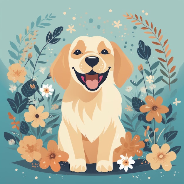 golden retriever dog sitting in the middle of flowers and leaves