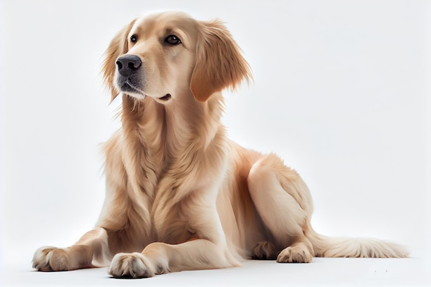 黄色の背景に座っているゴールデン ・ リトリーバー犬