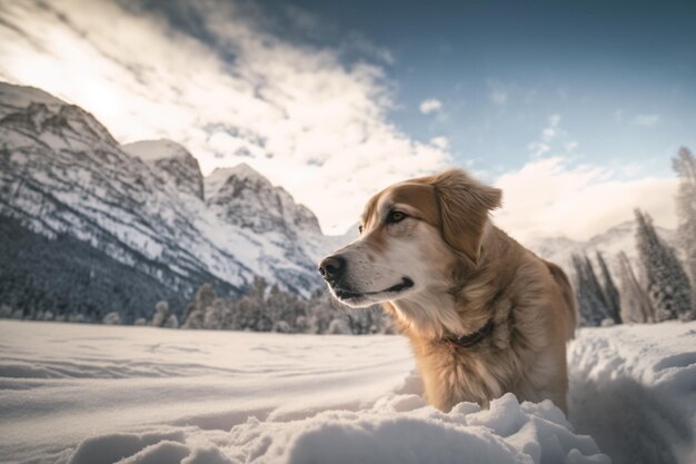 A golden retriever dog in the snow with mountains in the background.