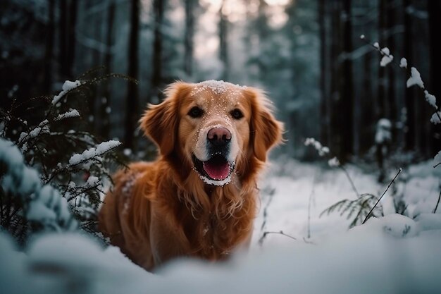 A golden retriever dog in the snow