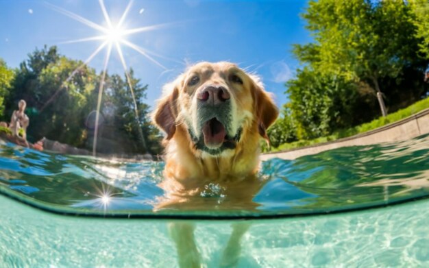 Golden Retriever dog swimming in a pool of clean water