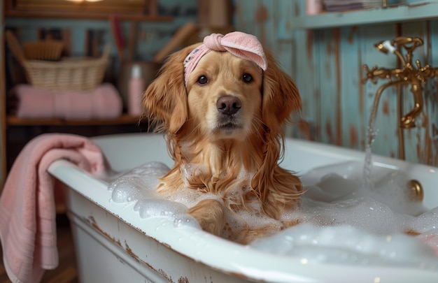 Photo golden retriever dog taking bubble bath with her owner