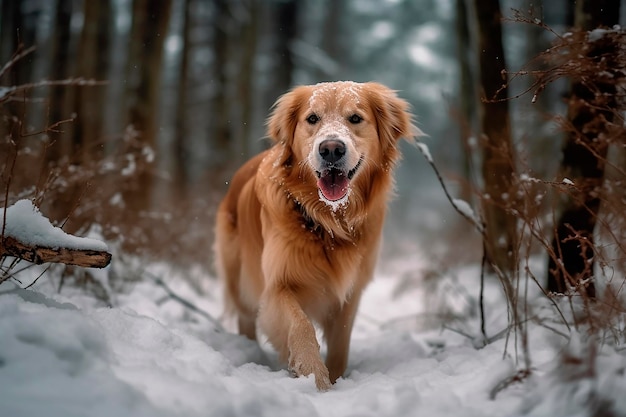 A golden retriever dog walks through the snow