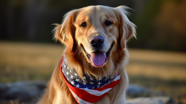 A golden retriever dog wearing a bandana that says'american flag '