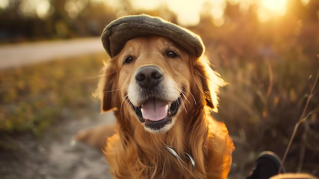 A golden retriever dog wearing a brown tweed flat cap is sitting in a field of tall grass