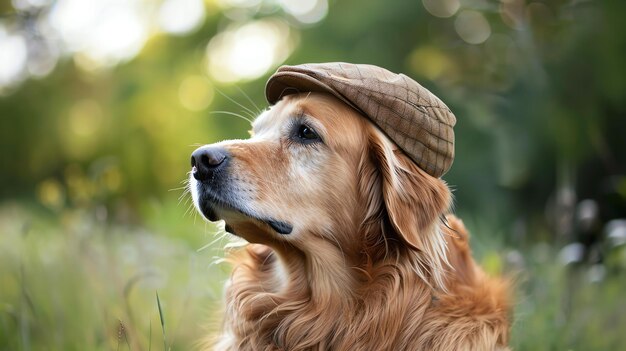 Photo a golden retriever dog wearing a brown tweed flat cap sits in a field of tall grass the dog is looking off to the side and its ears are perked up