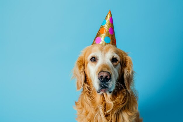 Photo golden retriever dog wearing party hat