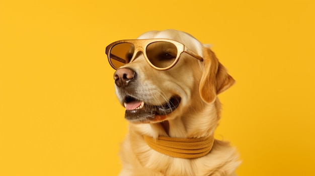 A golden retriever dog wearing sunglasses against