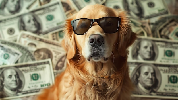 A golden retriever dog wearing sunglasses is sitting in front of a pile of money The dog is looking at the camera with a serious expression