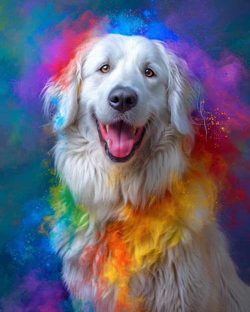 Foto cane golden retriever con polvere colorata