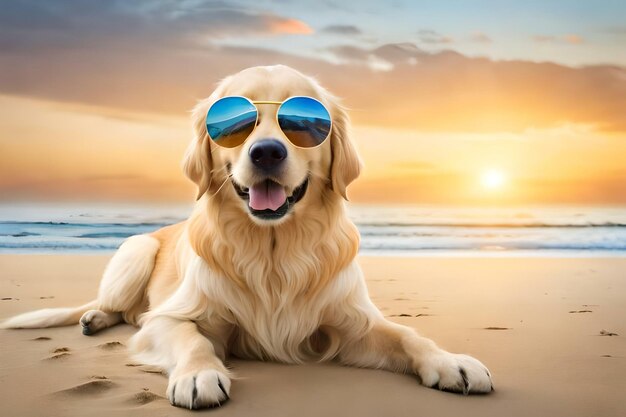 Golden Retriever dog with sunglasses on the beachCreated with generative Ai technology