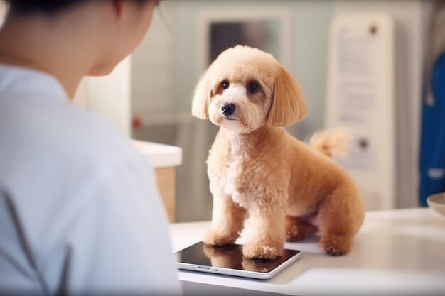 Photo golden retriever examined by vet on tablet