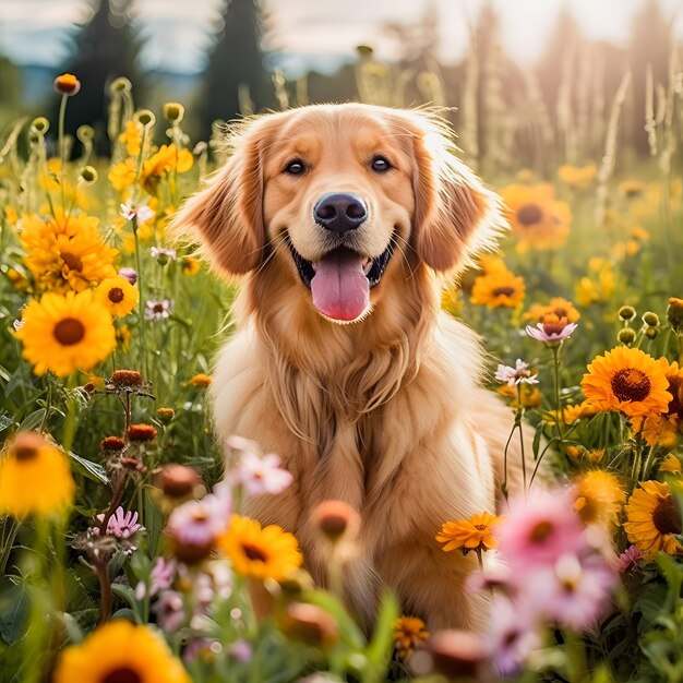 Golden retriever in field of flowers captivating nature photography