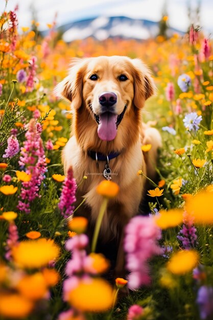 Golden retriever in field of flowers captivating nature photography