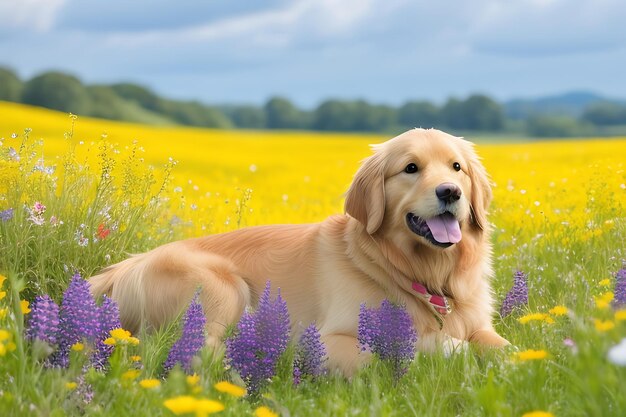 Golden retriever in a field of wildflower