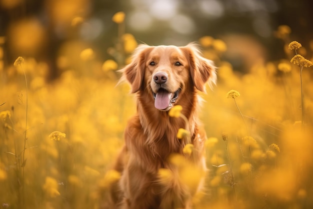 Golden Retriever in the field with short yellow flowers