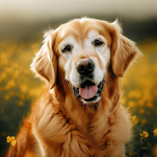 Golden Retriever in the field with yellow flowers