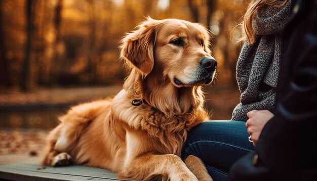 Golden retriever and friend embrace in nature generated by AI