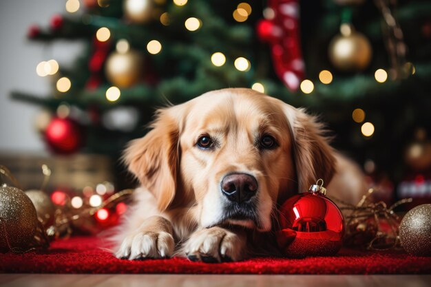 A Golden Retriever In Front Of A Christmas Tree