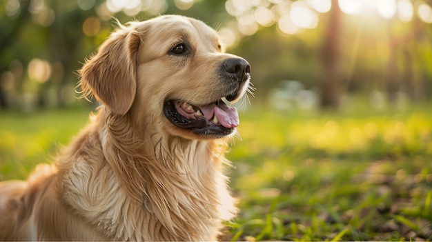 Golden Retriever geniet van de zon in een weelderig groen park Portret van een gelukkige hond buiten in de natuur