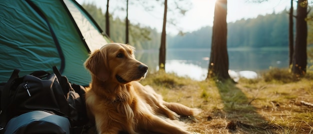 Golden retriever geniet van een serene ochtend aan het meer. Het is de essentie van kamperen met huisdieren.