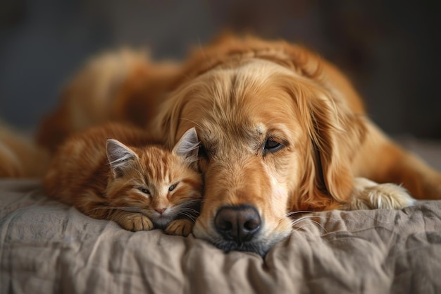 Foto golden retriever e gattino ginger che si accovacciano insieme