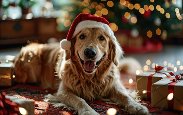 Golden Retriever glimlacht met een kersthoed op de achtergrond van Kerstmis