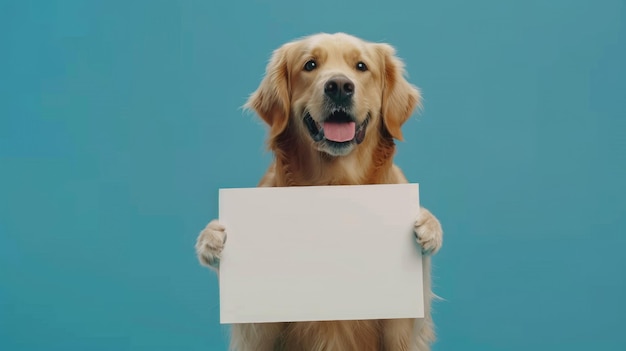 Photo golden retriever holding a blank sign in its mouth with a joyful expression