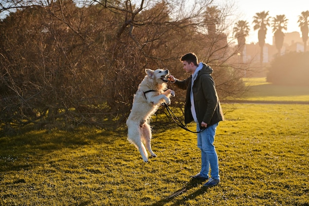 Golden retriever-hond die met een blonde jonge jongen in een groen park springt