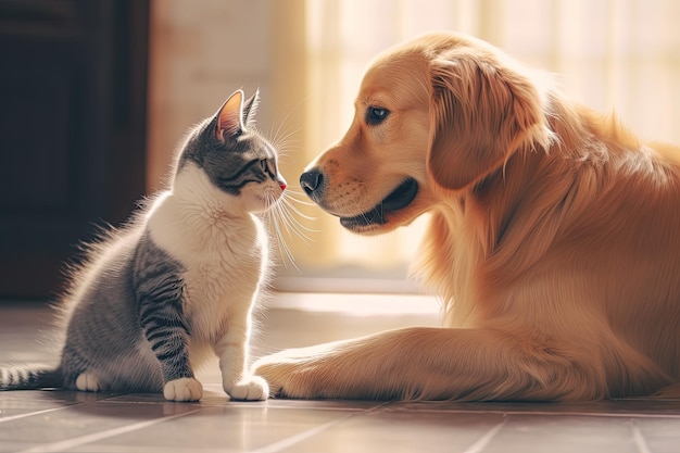 Golden Retriever hond en kat spelen samen in de kamer Leuke kat en golden retriever hond spelen samen thuis AI gegenereerd