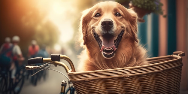 Golden Retriever-hond heeft een leuke fietstocht op zonnige ochtend in de zomer op straat in de stad