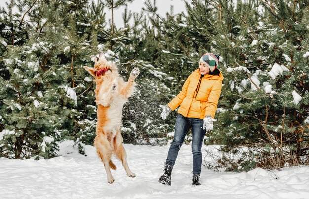 Golden retriever-hond in de winter spelen met de eigenaar van het meisje in de sneeuw Jonge vrouw wandelen met een hondje in het bos bij koud weer