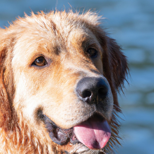 Golden Retriever-hond in het wild Meer en gazon rond Hond met vreedzaam gezicht dat rust