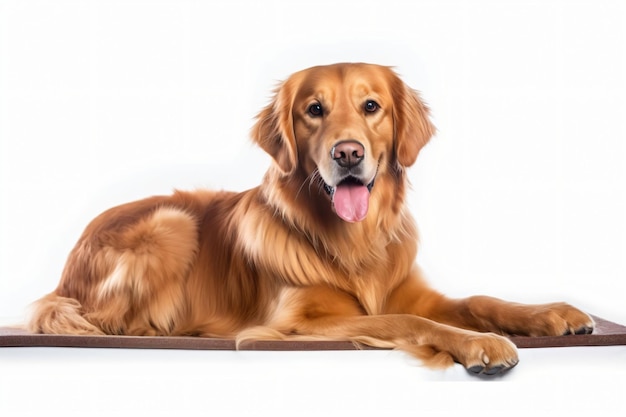 Golden retriever hond liggend op een bruine mat op een witte achtergrond