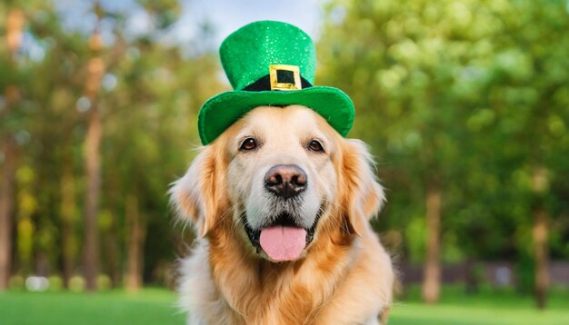 Golden Retriever-hond met een feestelijke groene hoed die buiten poseert bij een St. Patrick's Day-viering