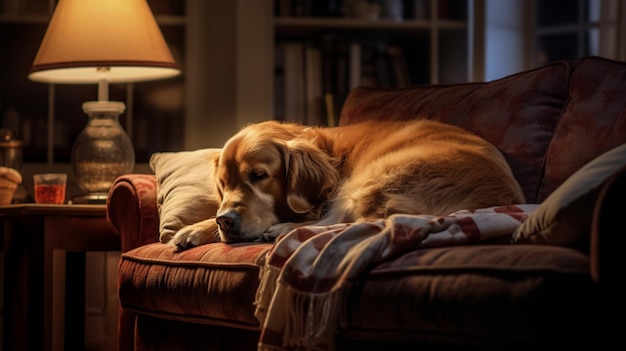 Golden retriever hond slaaplamp licht bank foto AI gegenereerde kunst