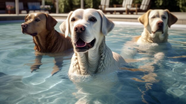 golden retriever hond spelen in het zwembad Rehabilitatie van huisdieren in watertraining