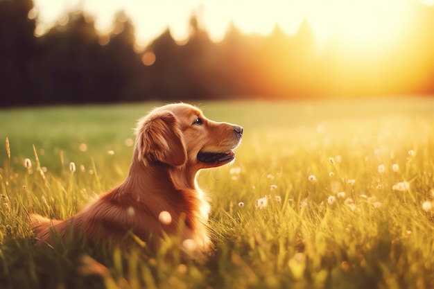 Golden Retriever Hond staren naar een glorieuze zonsondergang
