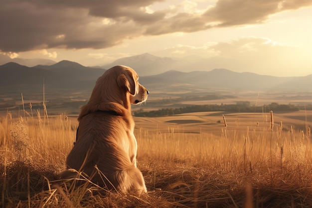 Golden Retriever Hond staren naar een glorieuze zonsondergang