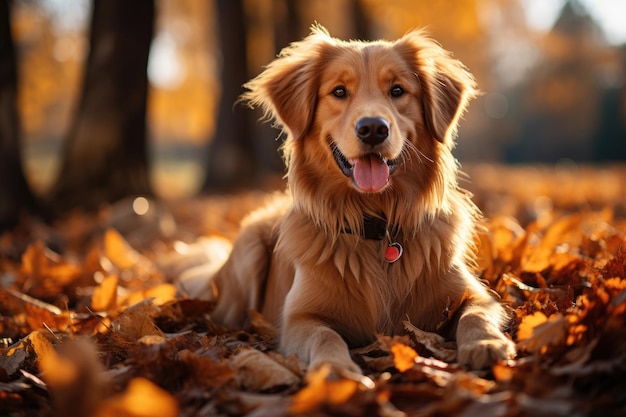 Golden retriever in gouden herfstgebladerte