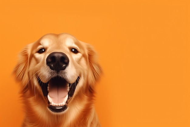 A Golden Retriever is lookingh through a coloured wall