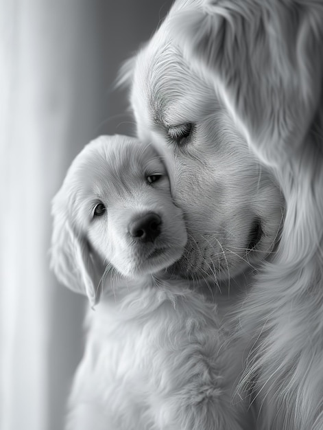 Golden Retriever kijkt omhoog met puppy ouder en puppy delen teder moment in monochroom