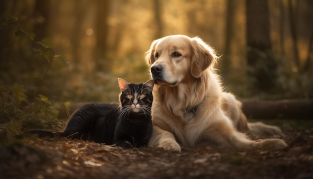 인공 지능이 생성한 화창한 날 잔디밭에서 놀고 있는 골든 리트리버와 새끼 고양이