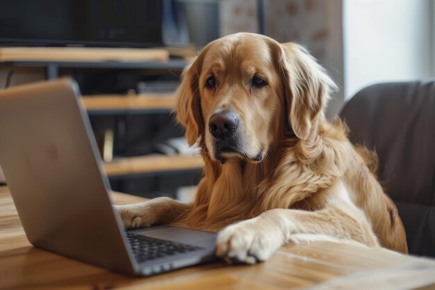 Golden retriever at a laptop working looking at the browser Dog in a bright office